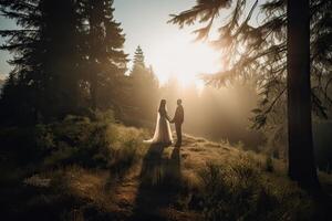 Wedding silhouette couple posing on sunset in beautiful forest at wedding day. Bride and groom in love. Non-existent person. . photo