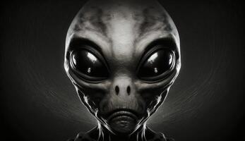 Alien humanoid portait on dark background. Invasion of extraterrestrial. Alien abduction. Created with photo