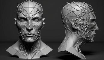 estilizado humano cabeza, 3d modelado valores ilustración, humano rostro, cabeza, Tres dimensional, modelado low-poly, marco de alambre modelo, , generar ai foto