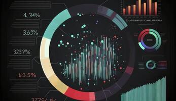 Big data analytics report. Infographic with graph and chart on abstract background. Distribution of data by business categories. Created with photo