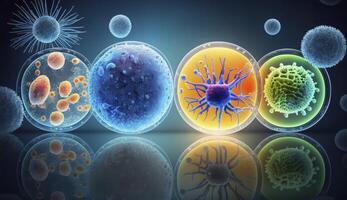 Macro shot of different types of microbes. Virus cells and bacteria on abstract background. Created with photo