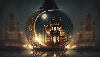 mosque and moon. 3d render and illustration, Generate Ai photo