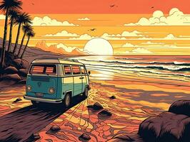 ilustración de mar paisaje verano playa con palmas, bote, horizonte a puesta de sol. Artoon estilo ilustración para t camisa diseño. generativo ai. foto