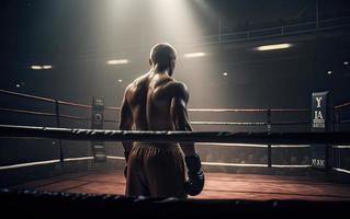 Boxing champion standing on arena. Rear view of shirtless man in boxing gloves. Muscular build concept. Generative Ai. photo