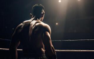 boxeo campeón en pie en arena. posterior ver de sin camisa hombre en boxeo guantes. muscular construir concepto. generativo ai. foto