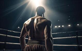 Boxing champion standing on arena. Rear view of shirtless man in boxing gloves. Muscular build concept. . photo