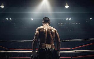Boxing champion standing on arena. Rear view of shirtless man in boxing gloves. Muscular build concept. . photo