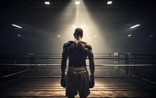 Boxing champion standing on arena. Rear view of shirtless man in boxing gloves. Muscular build concept. . photo