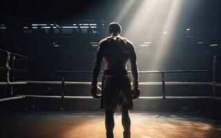 boxeo campeón en pie en arena. posterior ver de sin camisa hombre en boxeo guantes. muscular construir concepto. generativo ai. foto