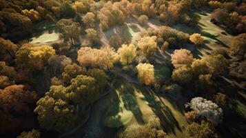 Aerial view of green grass and trees on a golf field. . photo