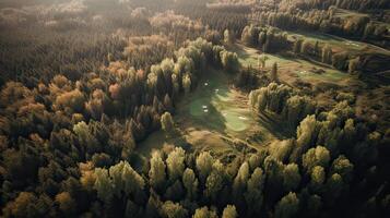 Aerial view of green grass and trees on a golf field. . photo