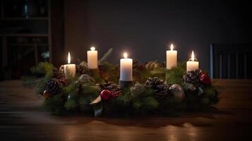 Third Advent - decorated Advent wreath from evergreen branches with white burning candles, tradition in the time before Christmas, copy space, selected focus. . photo