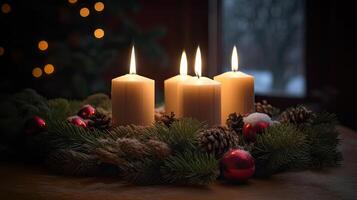 Third Advent - decorated Advent wreath from evergreen branches with white burning candles, tradition in the time before Christmas, copy space, selected focus. . photo