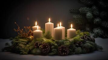 Third Advent - decorated Advent wreath from evergreen branches with white burning candles, tradition in the time before Christmas, copy space, selected focus. . photo