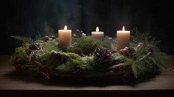 tercero adviento - decorado adviento guirnalda desde hojas perennes ramas con blanco ardiente velas, tradicion en el hora antes de Navidad, Copiar espacio, seleccionado enfocar. generativo ai. foto