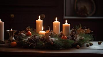 tercero adviento - decorado adviento guirnalda desde hojas perennes ramas con blanco ardiente velas, tradicion en el hora antes de Navidad, Copiar espacio, seleccionado enfocar. generativo ai. foto