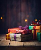 Navidad regalos envuelto en rojo papel con oro cinta en en de madera mesa antecedentes y Bokeh. sitio para tipografía y logo. Copiar espacio. generativo ai. foto