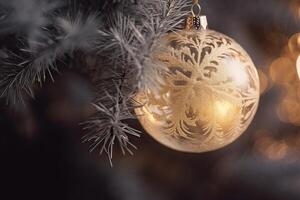 Close up view of beautiful fir branches with shiny gold bauble or ball, xmas ornaments and lights, christmas holidays background. . photo