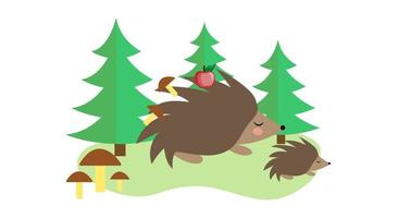 Hedgehog mom and baby in the forest. vector
