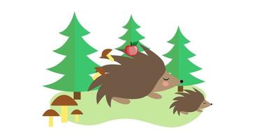 Hedgehog mom and baby in the forest. vector