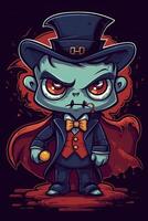 cute cartoon vampire Halloween. Happy Halloween. Count Dracula wearing black and red cape. Cute cartoon vampire character. can be used for t-shirt graphics, print. Vector illustration. . photo