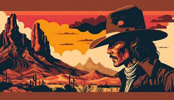 AI Generated. AI Generative. Western native american landscape with lonely cowboy and desrt rocks. Wild west. Graphic Art photo