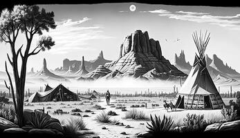 . . Native american western scene background with cowboy wigwam desrt and rocks. Can be used for home decoration. Wild west. Black and white. Graphic Art photo