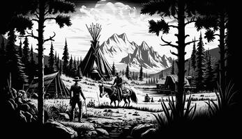 . . Native american western scene background with cowboy wigwam desrt and rocks. Can be used for home decoration. Wild west. Black and white. Graphic Art photo