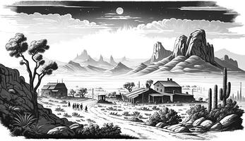 . . Native american western scene background with cowboy wigwam desrt and rocks. Can be used for home decoration. Wild west. Black and white. Graphic Art photo