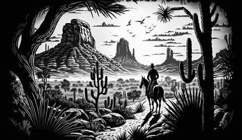 . . Native american western scene background with cowboy wigwam desrt and rocks. Can be used for home decoration. Wild west. Black and white. Graphic Art photo
