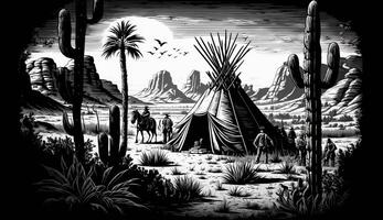 . . Native american western scene background with cowboy wigwam desrt and rocks. Can be used for home decoration. Wild west. Black and white. Graphic Art photo