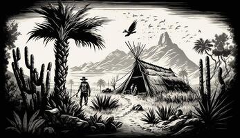 . . Native american western scene background with cowboy wigwam desrt and rocks. Can be used for home decoration. Wild west. Black and white. Graphic Art photo