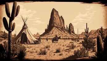 . . Native american western scene background with cowboy wigwam desrt and rocks. Can be used for home decoration. Wild west. Graphic Art photo