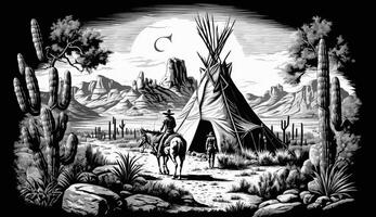 ai generado. ai generativo. nativo americano occidental escena antecedentes con vaquero wigwam desrt y rocas lata ser usado para hogar decoración. salvaje Oeste. negro y blanco. gráfico Arte foto