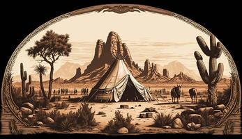 . . Native american western scene background with cowboy wigwam desrt and rocks. Can be used for home decoration. Wild west. Graphic Art photo