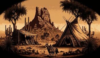 . . Native american western scene background with cowboy wigwam desrt and rocks. Can be used for home decoration. Wild west. Graphic Art photo