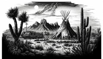 . . Native american western scene background with cowboy wigwam desrt and rocks. Can be used for home decoration. Wild west. Black and white. Graphic Art photo