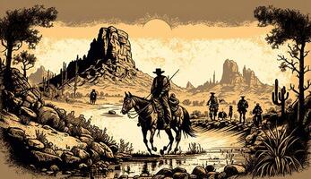 . . Native american western scene background with cowboy wigwam desrt and rocks. Can be used for home decoration. Wild west. Graphic Art photo