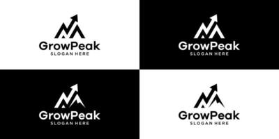 montaña pico logo con crecer, flecha, analítico diseño vector ilustración. icono para negocio, finanzas, viajar, símbolo, creativo, logotipo