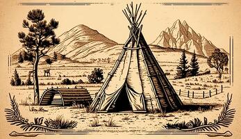 . . Native american tent wigwam house. Can be used for home decoration. Wild west. Graphic Art photo