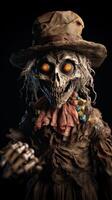 portrait of old Terrible scarecrow in dark cloak and dirty hat stands. Halloween concept. . photo