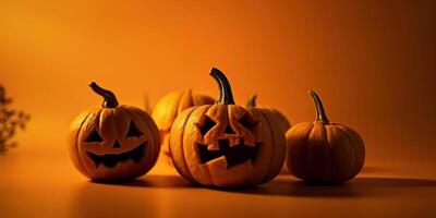 Scary pumpkin jack-o-lantern with creepy toothy smile and fiery glow inside realistic illustration. Traditional decoration, symbol of halloween holiday celebration. . photo