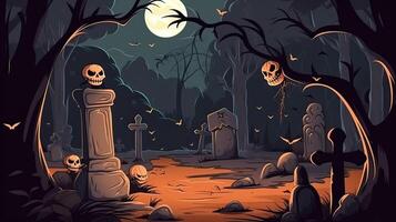 Pumpkins In Graveyard In The Spooky Night - Halloween Backdrop. . photo