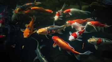 Overhead view of koi carps swimming in pond. . photo