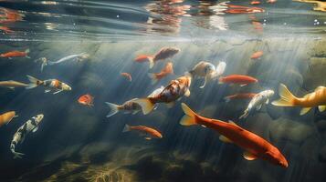 Overhead view of koi carps swimming in pond. . photo