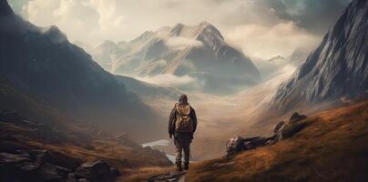 deportivo hombre en el montaña pico mirando en montaña Valle con rayos de sol a vistoso puesta de sol en otoño. paisaje viajero, brumoso sierras, bosque en caer, increíble cielo y luz de sol en caer. generativo ai foto