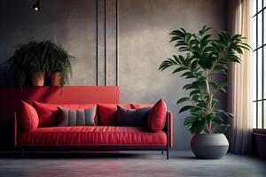 Modern interior design of apartment, living room with red sofa over the stucco wall. Home interior with plant . photo