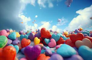 Colorful heart shape balloon with blue sky. Valentine's day background with heart shaped balloons. . photo