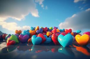 Colorful heart shape balloon with blue sky. Valentine's day background with heart shaped balloons. . photo