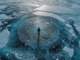 un hombre soportes en más grande transparente hielo generativo ai foto